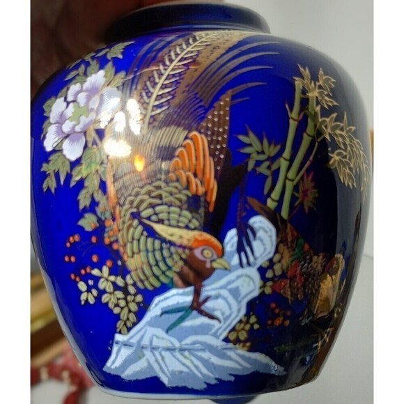 Ginger Jar  With Lid‎ Cobalt Blue with a Painting Of a  Gold Pheasant 5.5in Tall - Picture 3 of 11